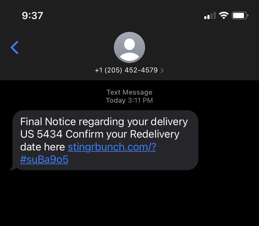 redelivery text message spam