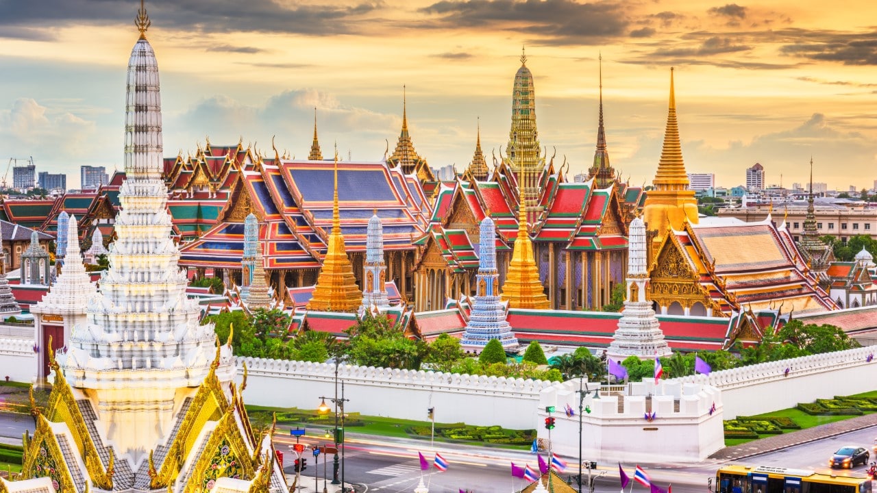 Bangkok, Thailand at the Temple of the Emerald Buddha and Grand Palace at dusk