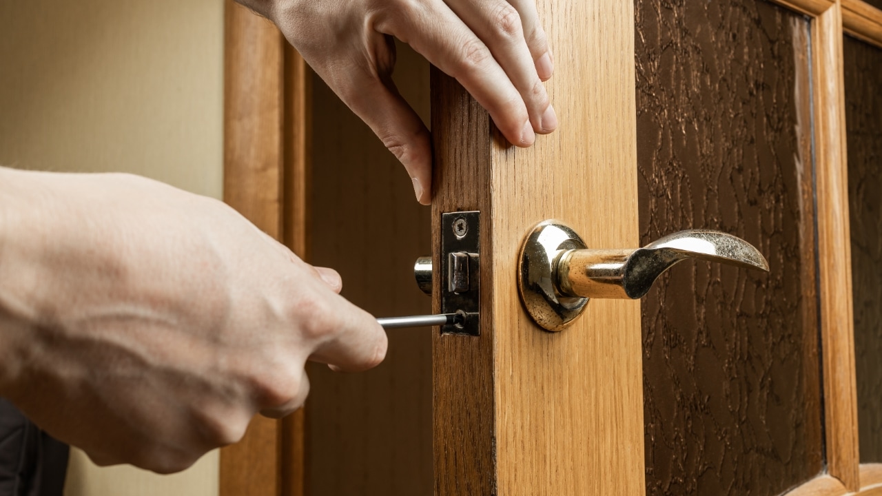 DIY Home Improvement, door, repair, man, screwdriver, tools, door know, lock
