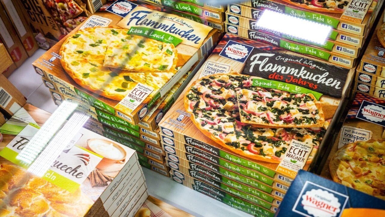 Ready-made pizzas in a freezer frozen food