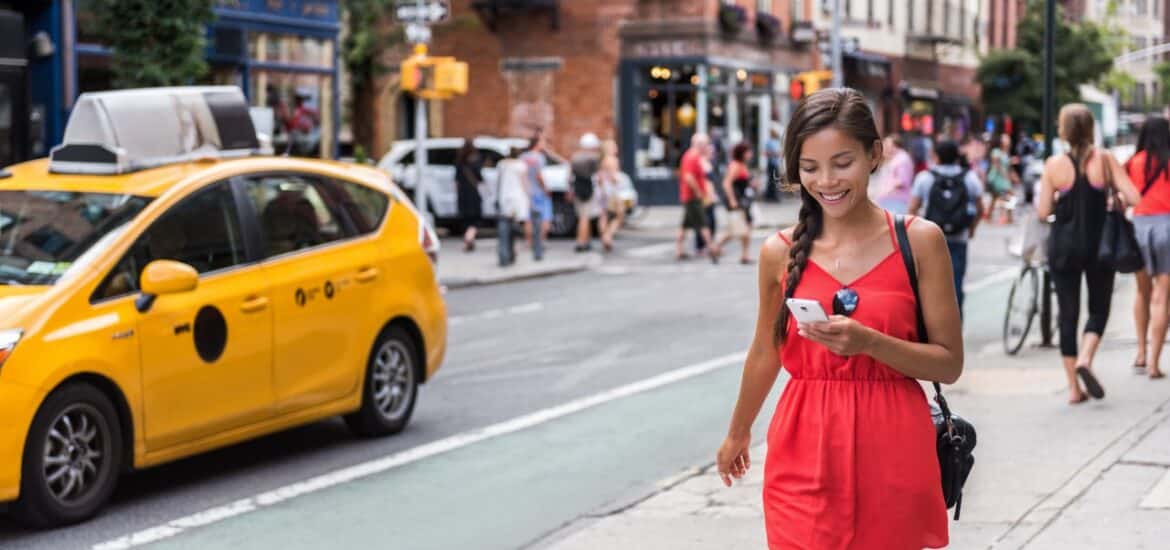 Woman walking instead of driving a car to save money