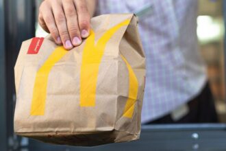 Sankt-Petersburg/Russia - July 21 2019: McDonalds worker holding bag of fast food. Hand with a paper bag through the window of mcdonalds car drive thru service.