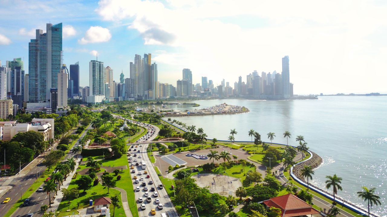 Aerial view of the modern skyline of Panama City , Panama with modern Highrise buildings.