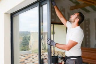 Man fixing a sliding door.