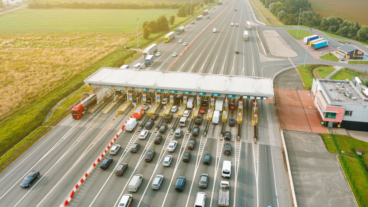 Aerial view of a busy toll road