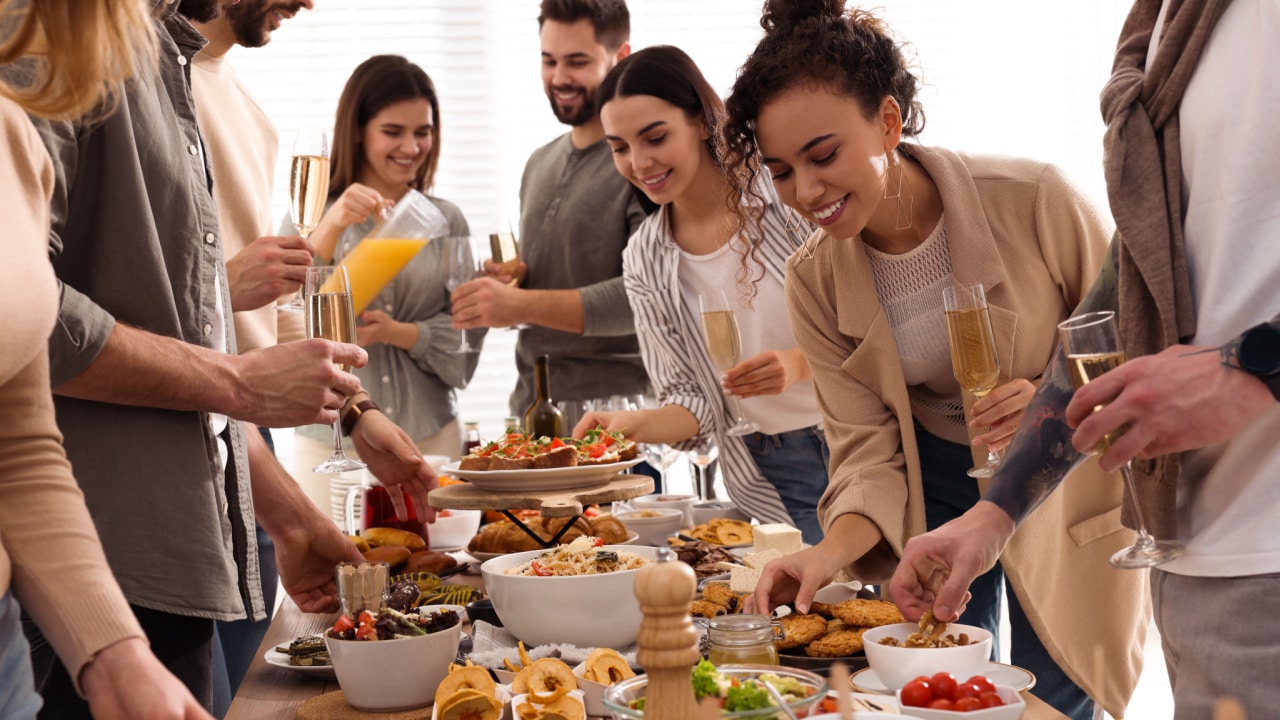 Family enjoying hotel breakfast buffet