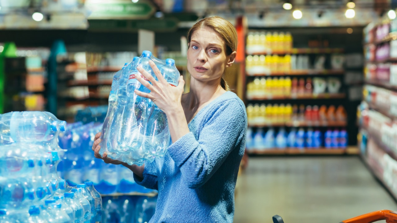 Woman buying water in bulk at the grocery store