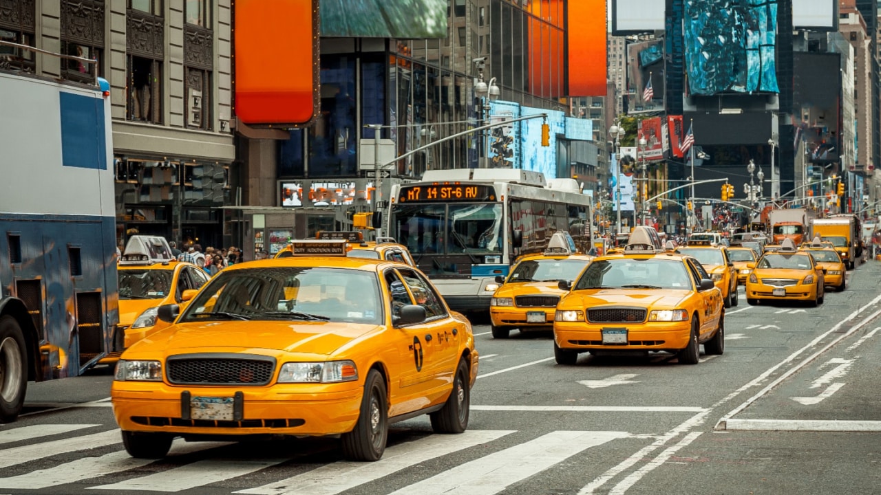 Taxis in a city.