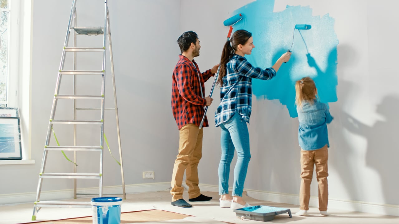 family painting living room wall aqua blue together, renovations, decor