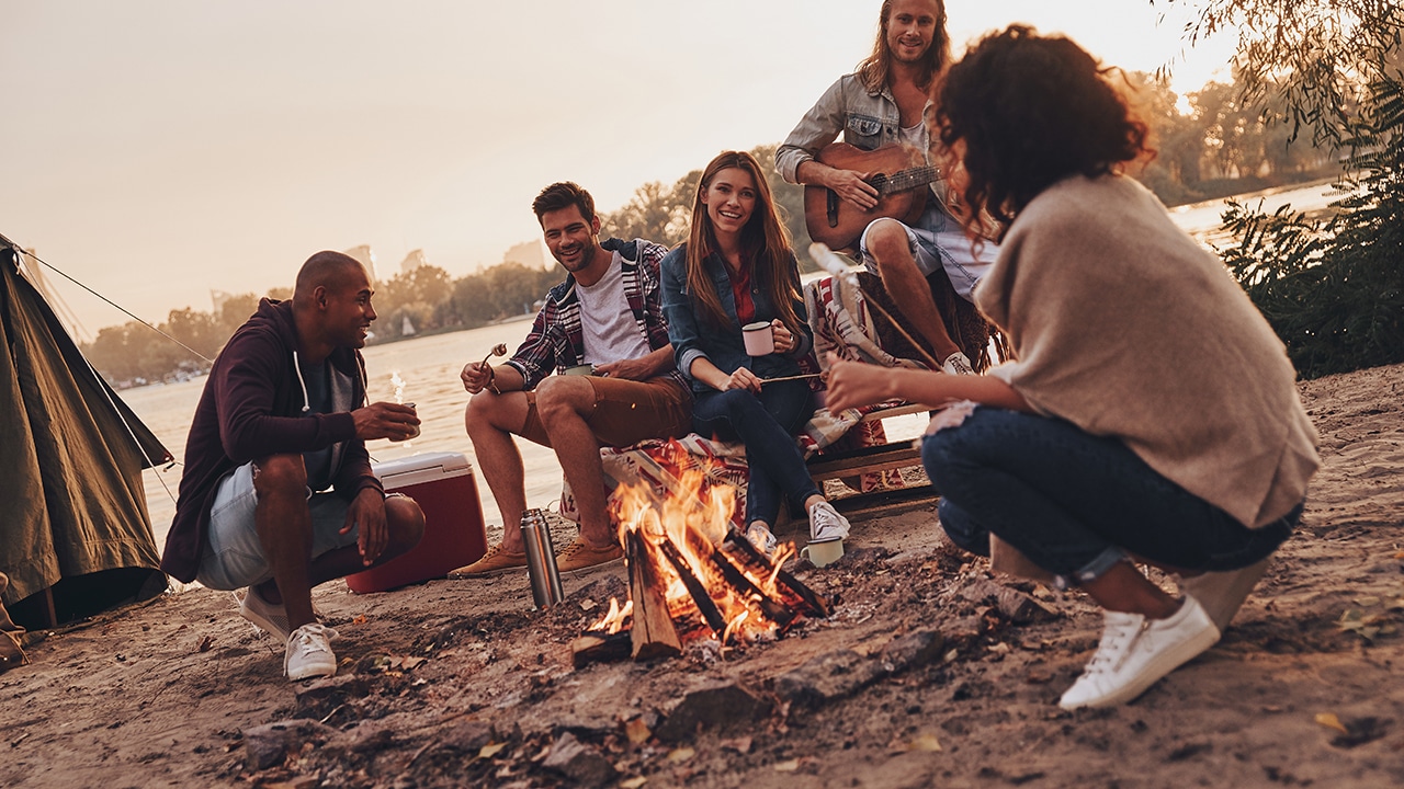 people in casual wear smiling while enjoying beach party near the campfire