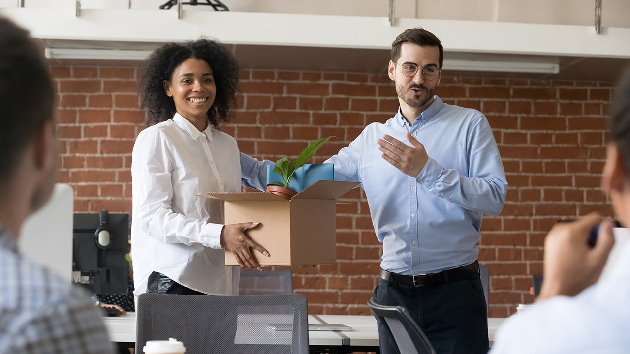 Friendly company ceo welcoming female african american employee introducing hired worker in multiracial office getting acquainted supporting new team member on first work day, introduction concept