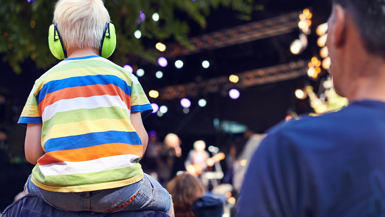 Best seat in the house. Rearview shot of a young boy sitting on his fathers shoulders at a music concert.