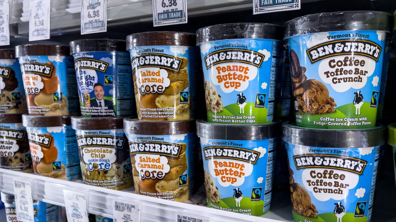 Ben and Jerry's ice cream in a freezer, assorted flavors