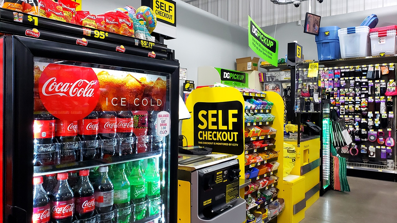Grocery story checkout items such as individual water bottles and Pepsi