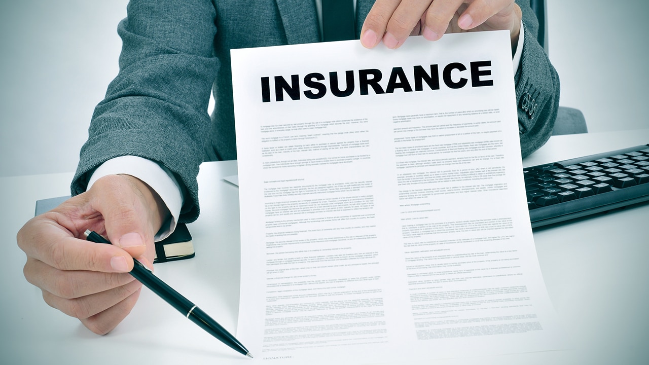 a young man in suit in his office showing an insurance policy and pointing with a pen where the policyholder must to sign