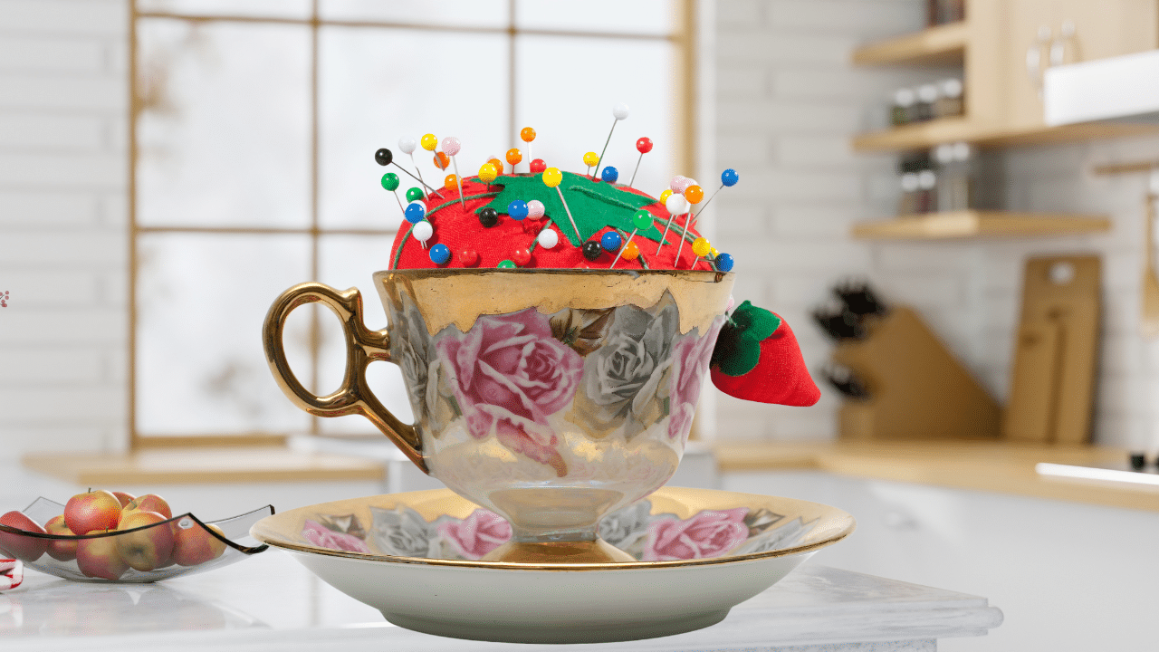 tea cup with pin cushion inside on kitchen worktop
