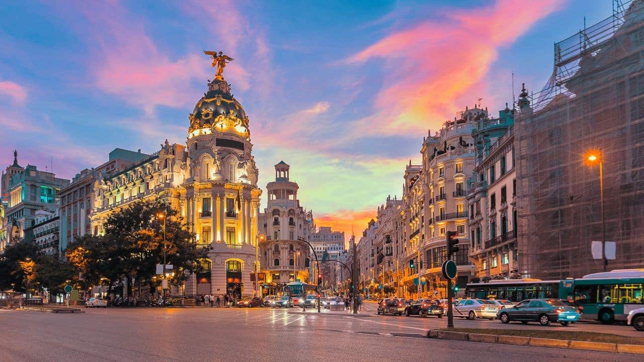 Madrid city skyline gran via street twilight , Spain