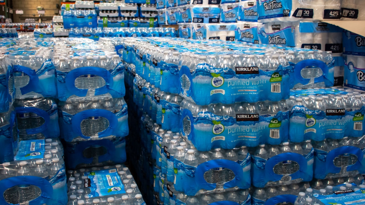 Stack of single use water bottles