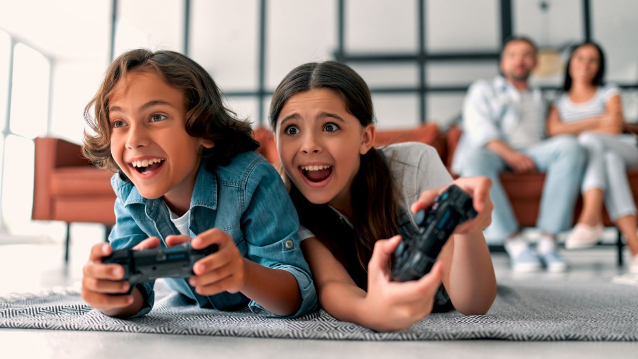 Kids playing video games.