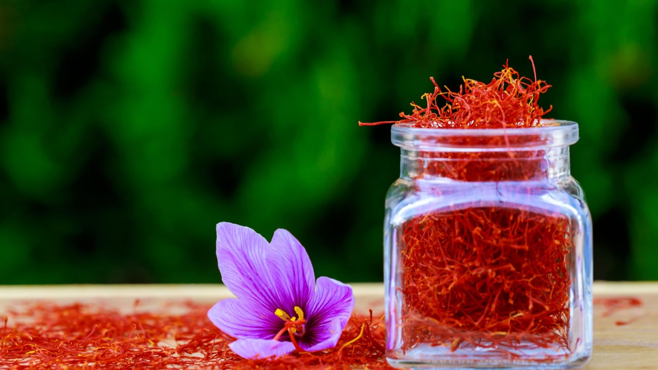 Dried saffron spices in a bottle and saffron flower on a wooden table.