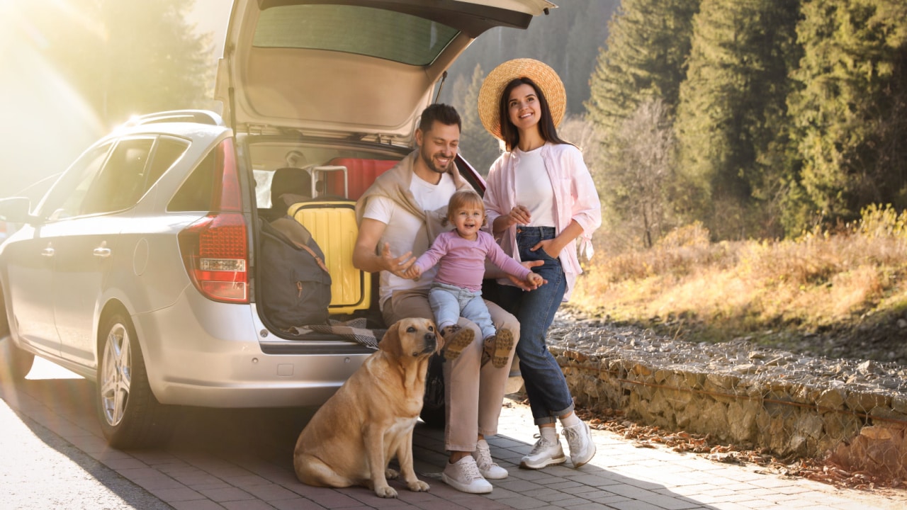 family with mom and dad and young child sitting on the back of their car and with a dog