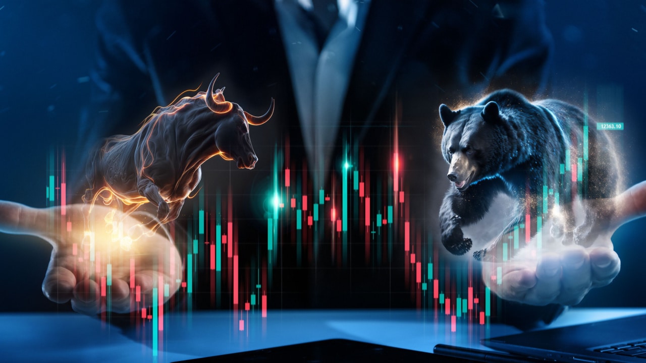 abstract image showing a person in the background and a bear and a bull indicative of investment markets
