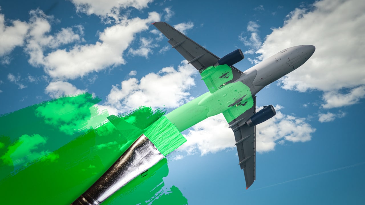 Aircraft being painted green, greenwashing eco friendly tactics