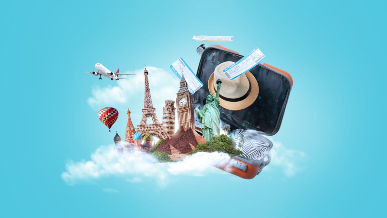 image depicting holiday travel showing a plane, suitcase and popular destinations from different countries
