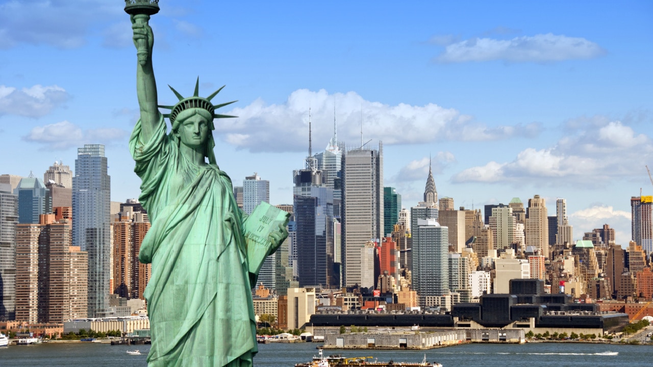 The Statue of Liberty, neoclassical sculpture on Liberty Island in New York Harbor in New York City, in the United States