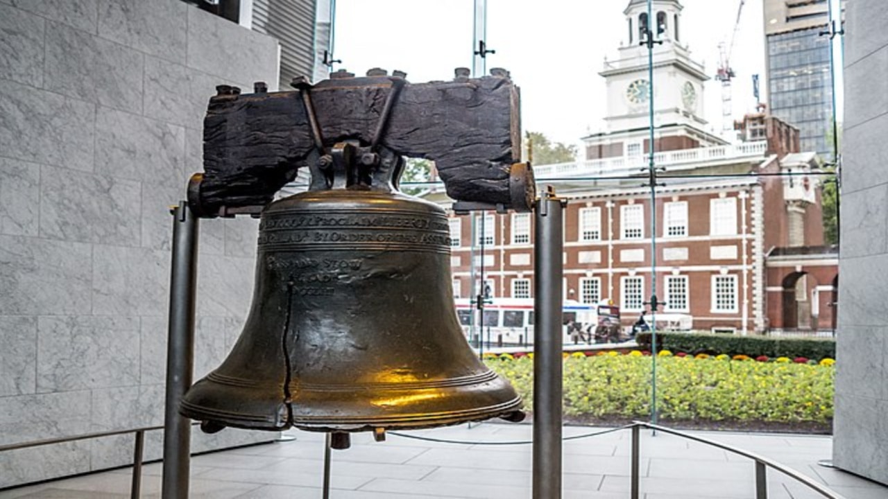 The Liberty Bell on display across the street from Independence Hall.