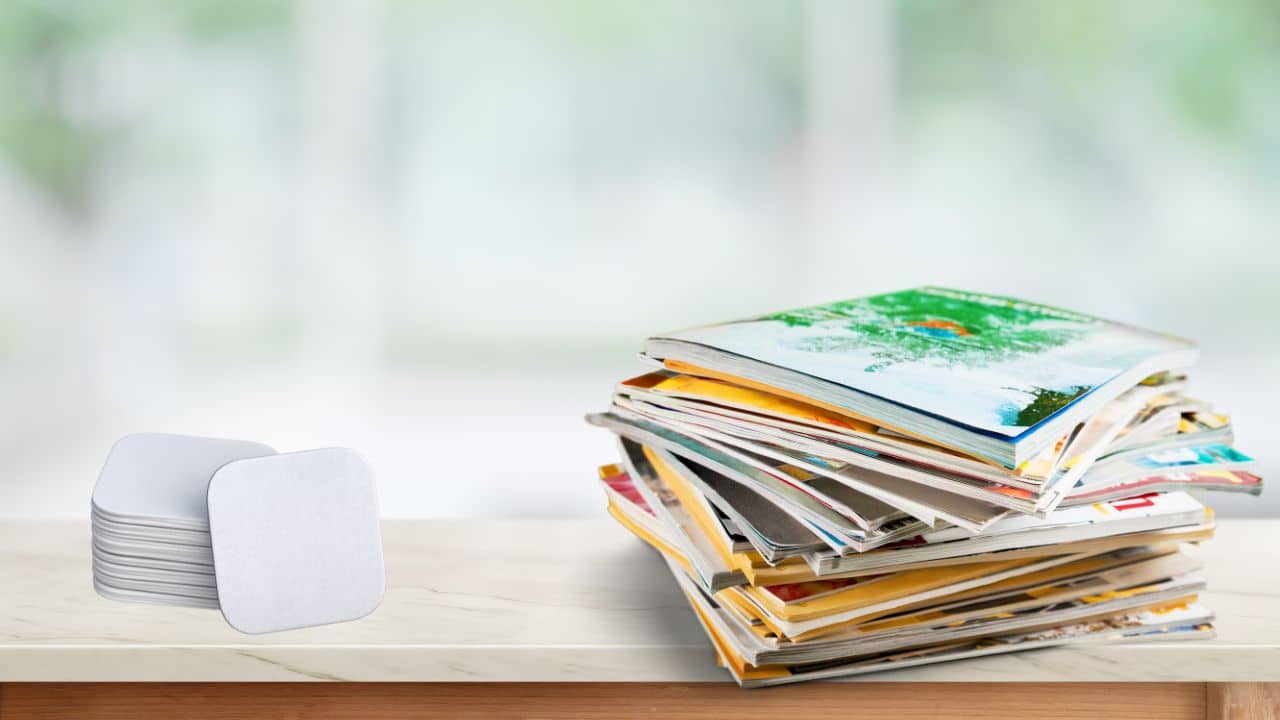 a pile of blank table coasters next to a pile of magazines