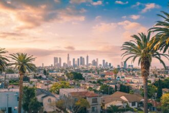 Beautiful sunset of Los Angeles downtown skyline and palm trees